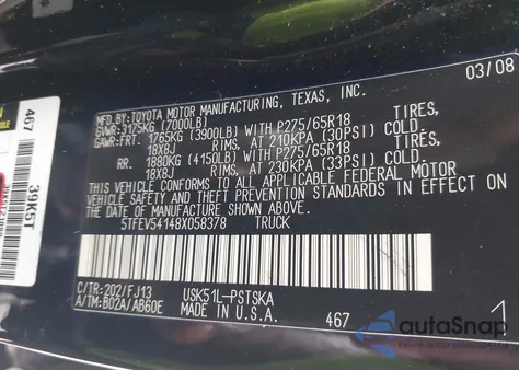 2008 Toyota Tundra Sr5 5.7L V8 z USA, uszkodzony, nr VIN 5TFEV54148X058378